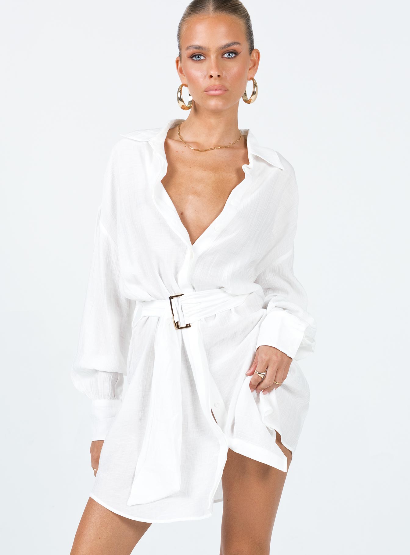 Bilari Textured Fabric Shirt Dress White
