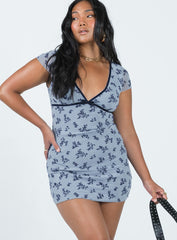 Motel Evilia Dress Light Blue Black Botanist Flocking