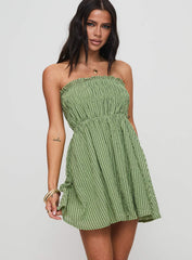 Paper Rings Strapless Shirred Mini Dress Green Check