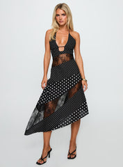 Down With Love Asymmetrical Midi Dress Black / White Polka