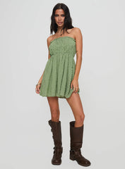 Paper Rings Strapless Shirred Mini Dress Green Check