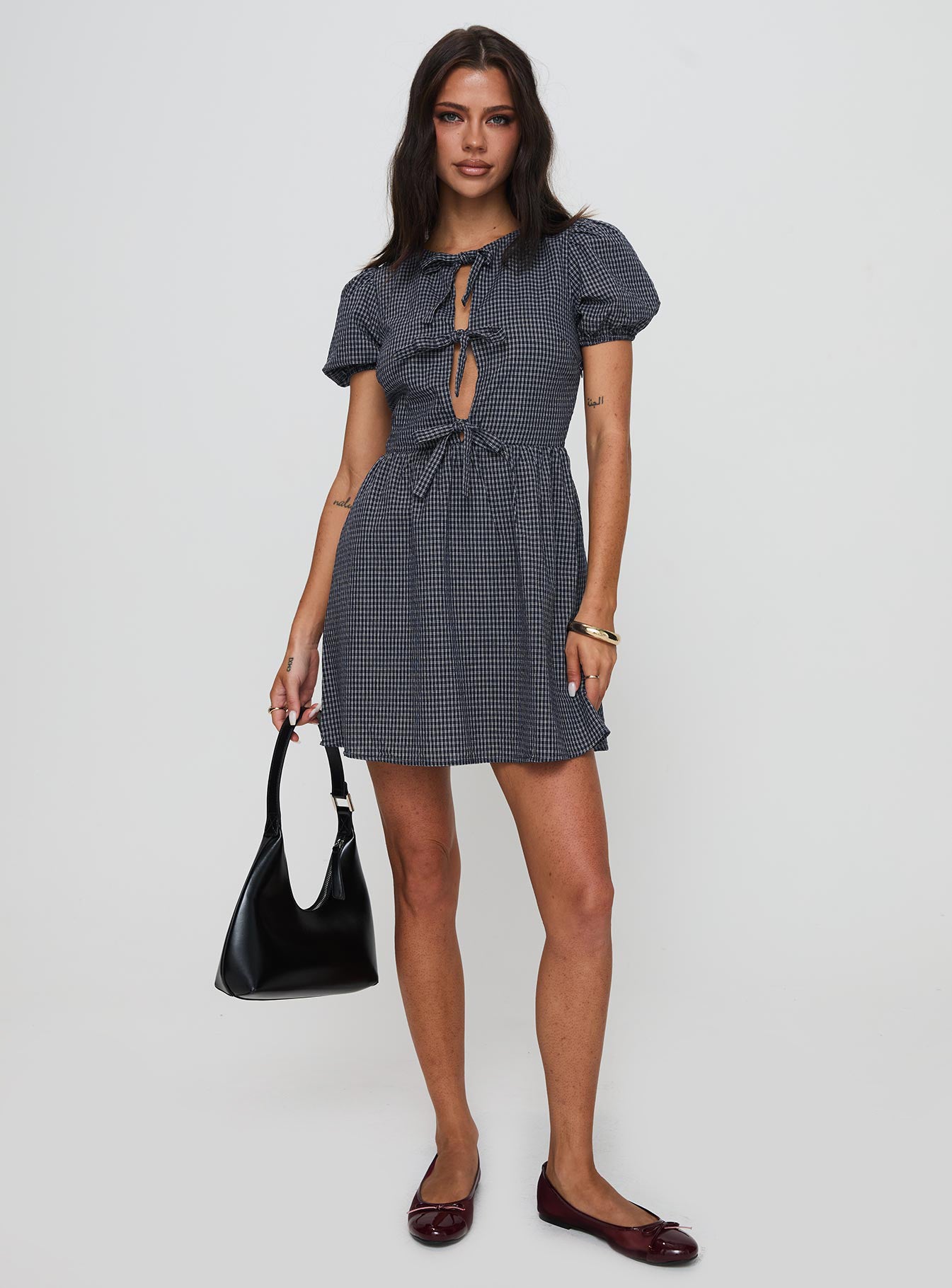 Nurture Bow Mini Dress Navy Check