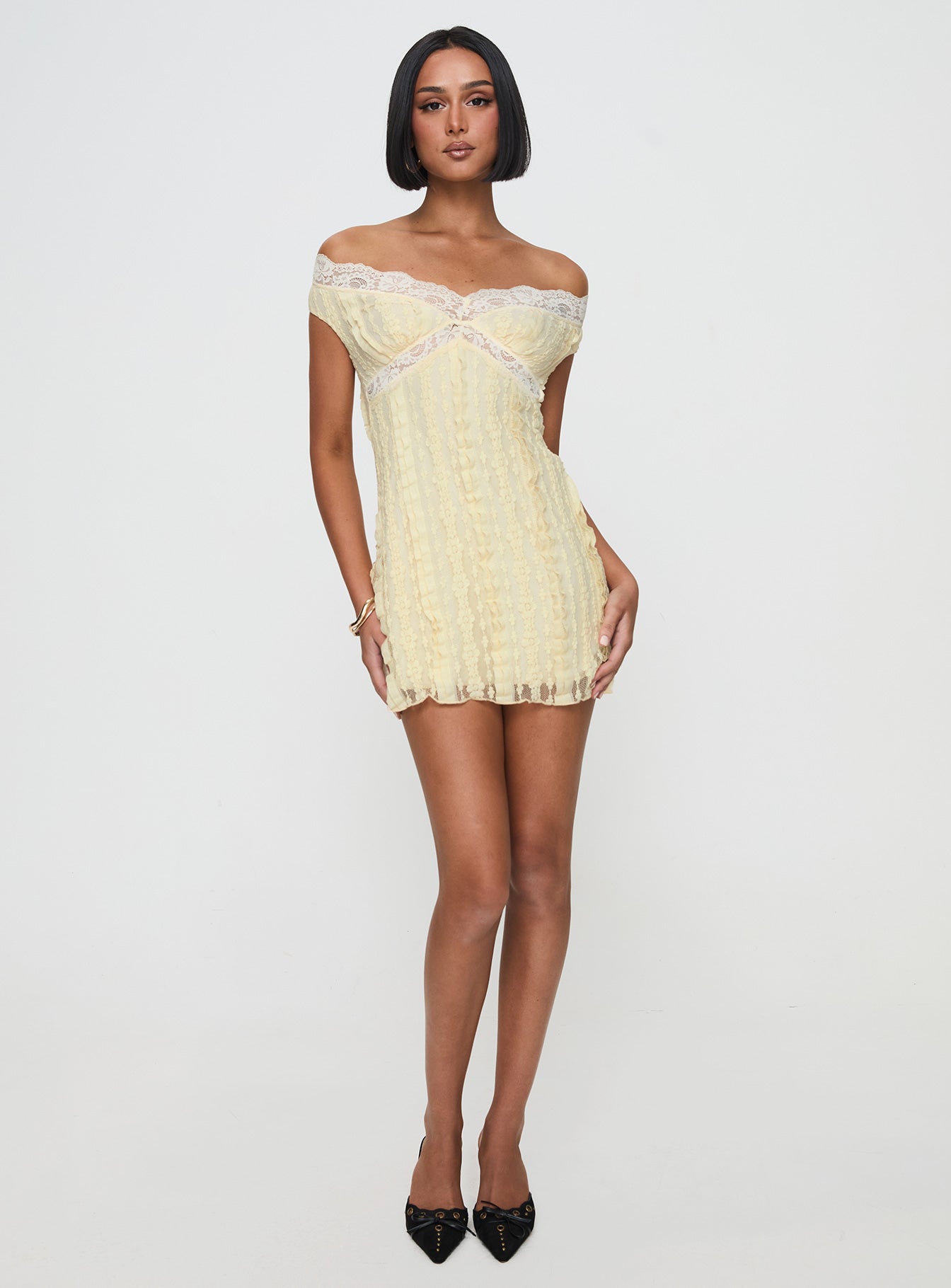 Bonnin Off The Shoulder Lace Mini Dress Yellow