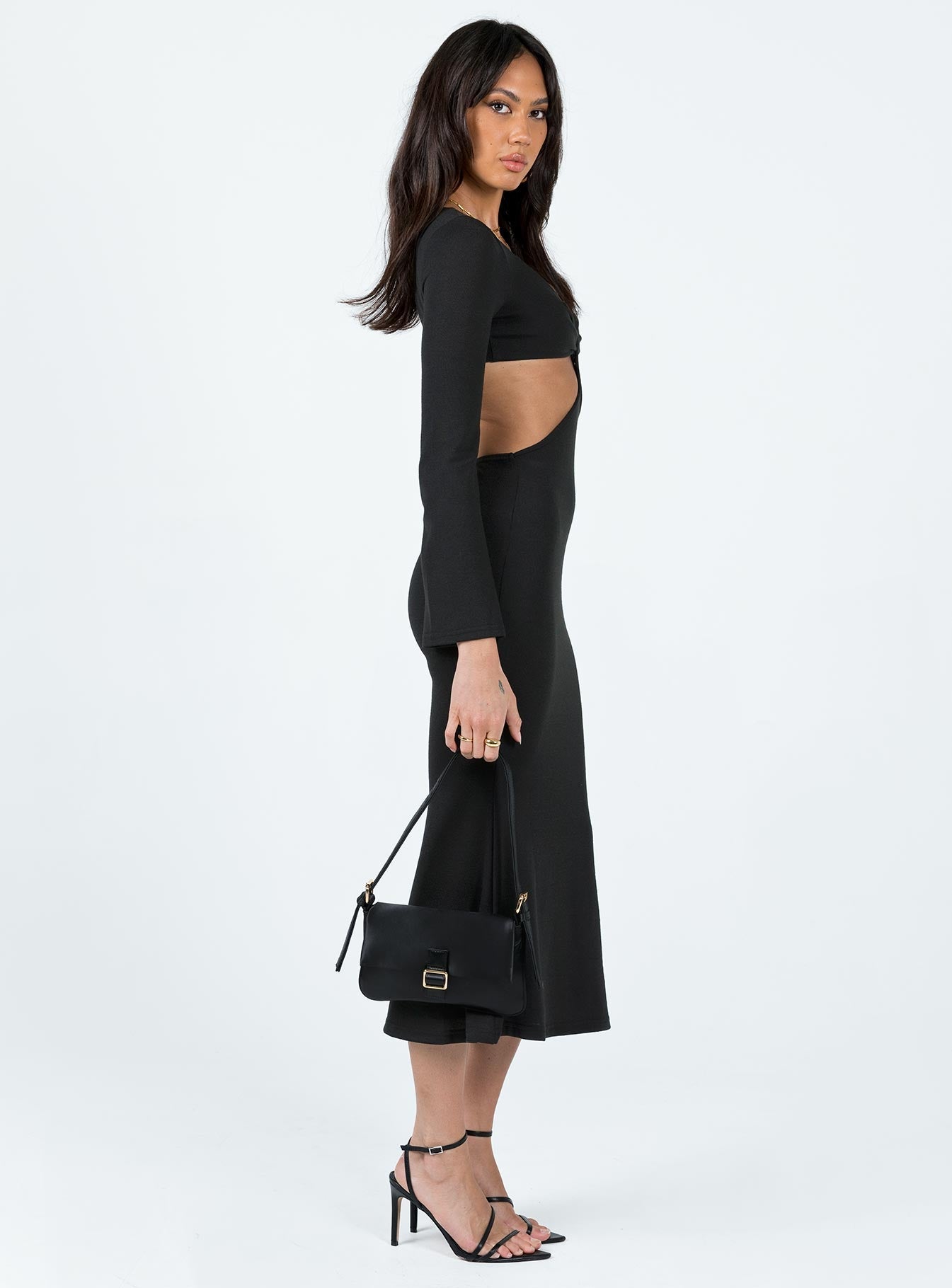 Jocelyn Cut Out Long Sleeve Midi Dress Black