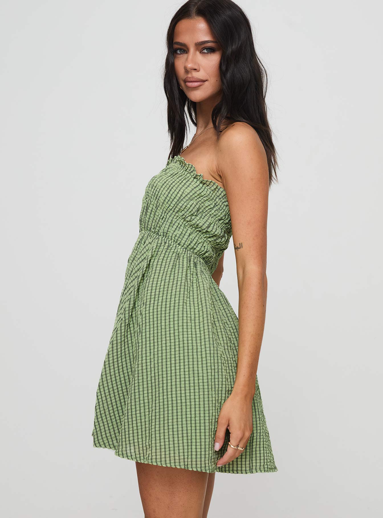 Paper Rings Strapless Shirred Mini Dress Green Check
