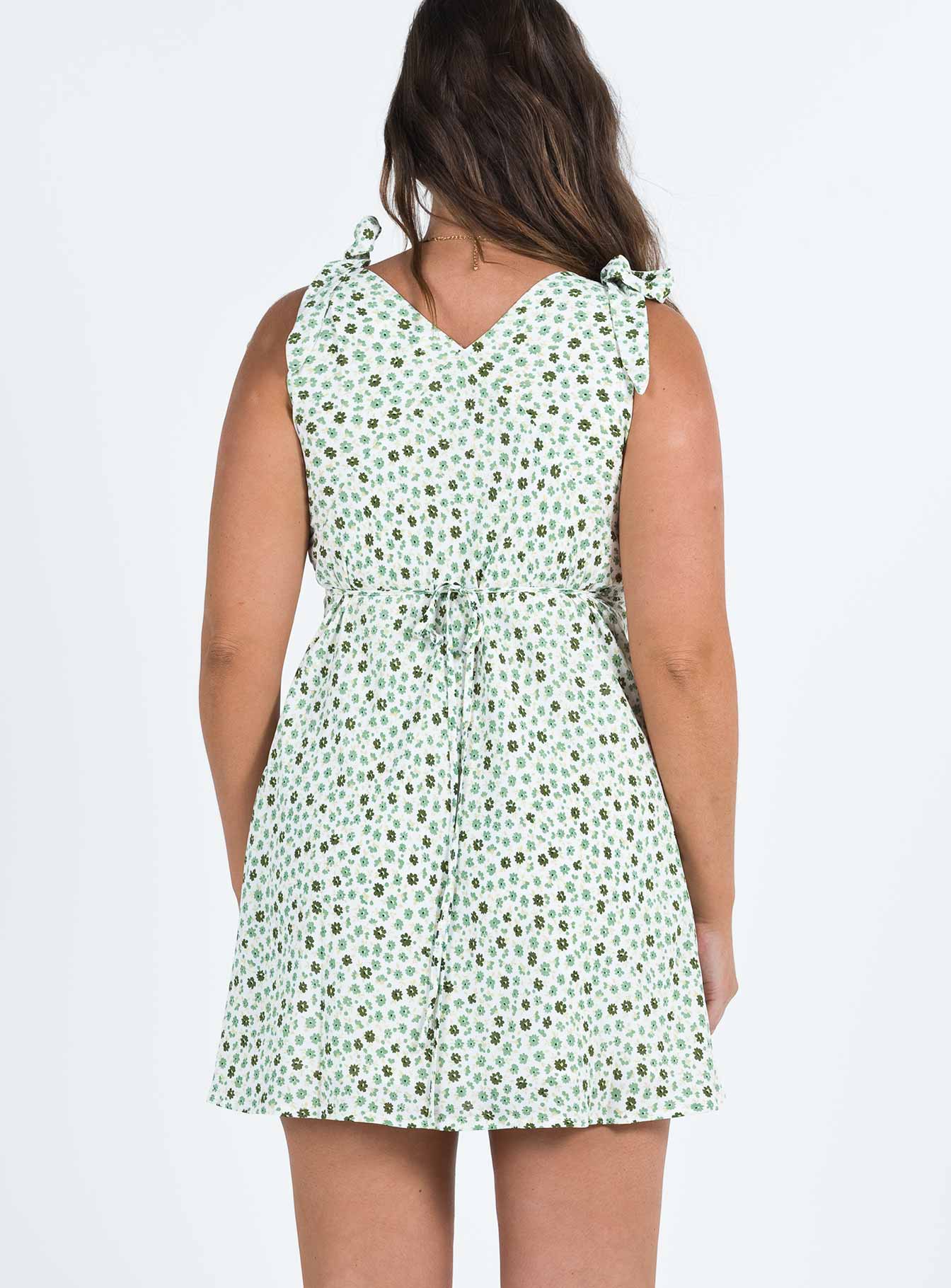 Nellie Tie Shoulder Mini Dress Green Floral