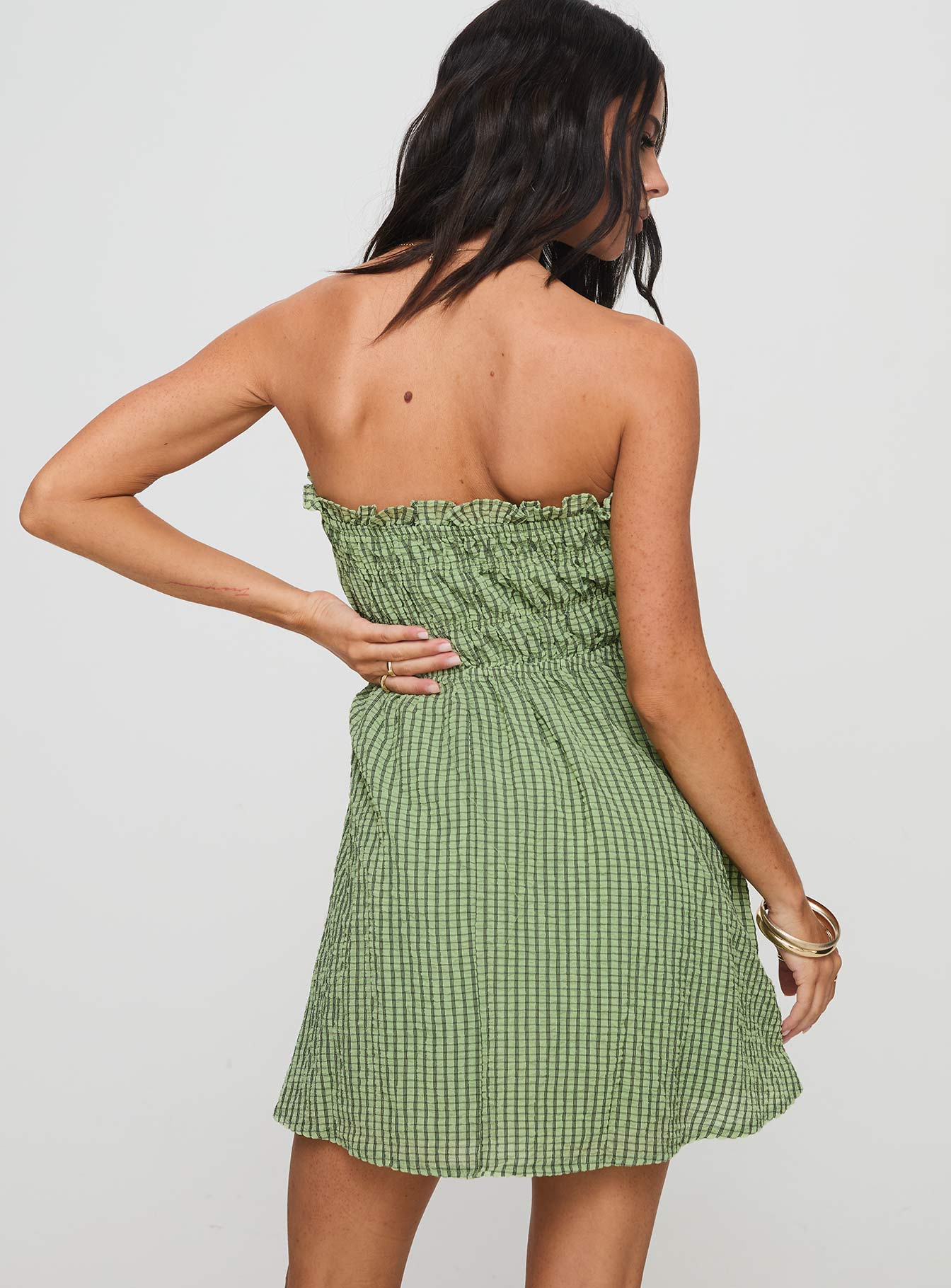 Paper Rings Strapless Shirred Mini Dress Green Check