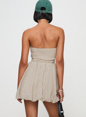 Quinette Strapless Bubble Hem Mini Dress Beige Stripe