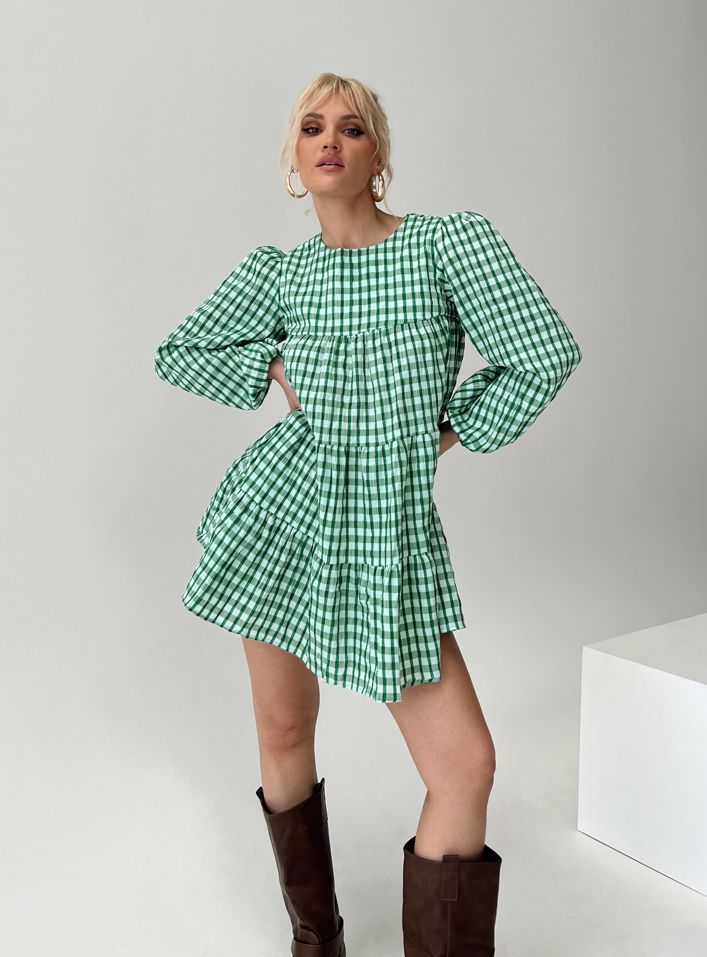 Miami Long Sleeve Mini Dress Green Check