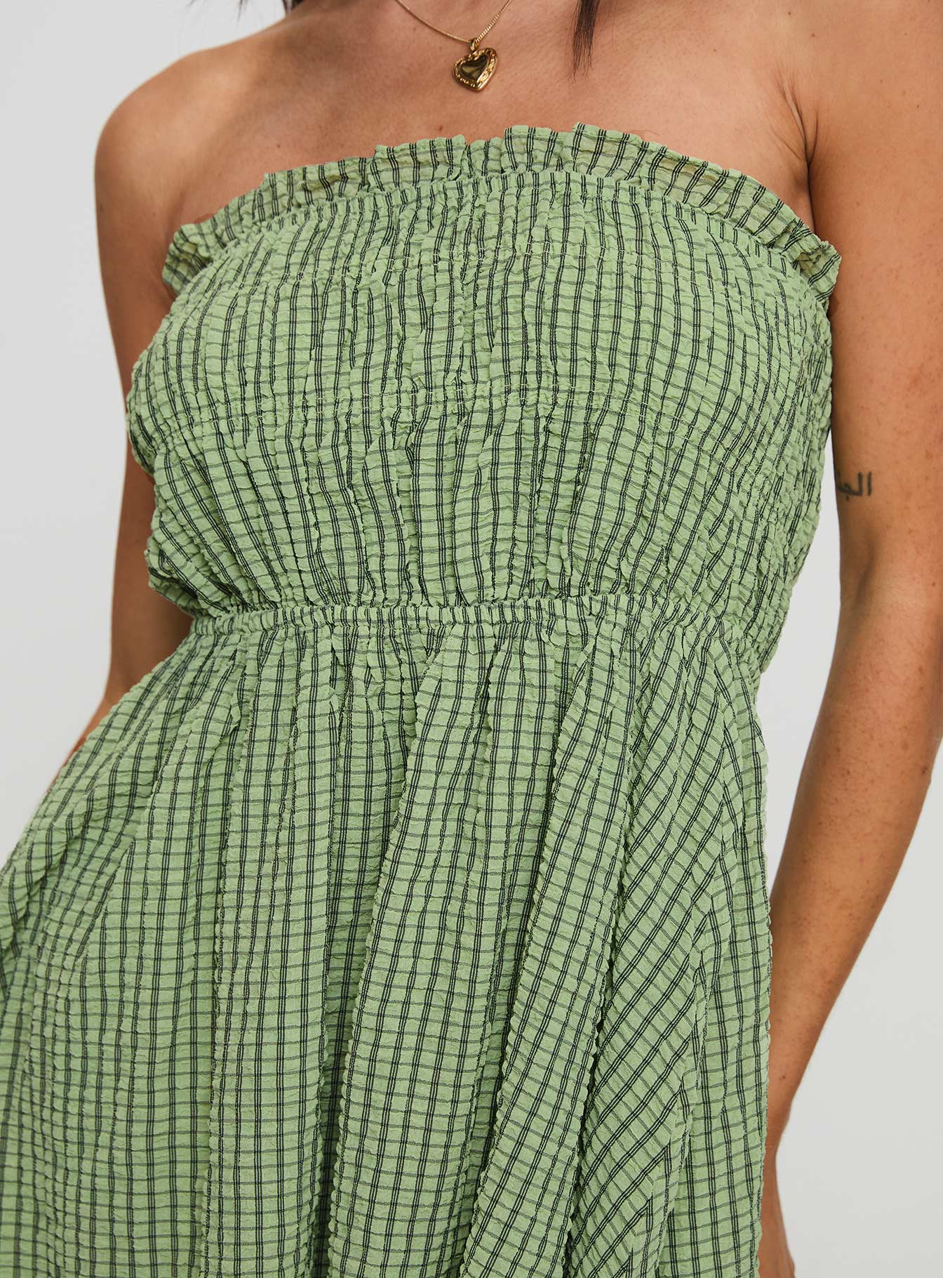 Paper Rings Strapless Shirred Mini Dress Green Check