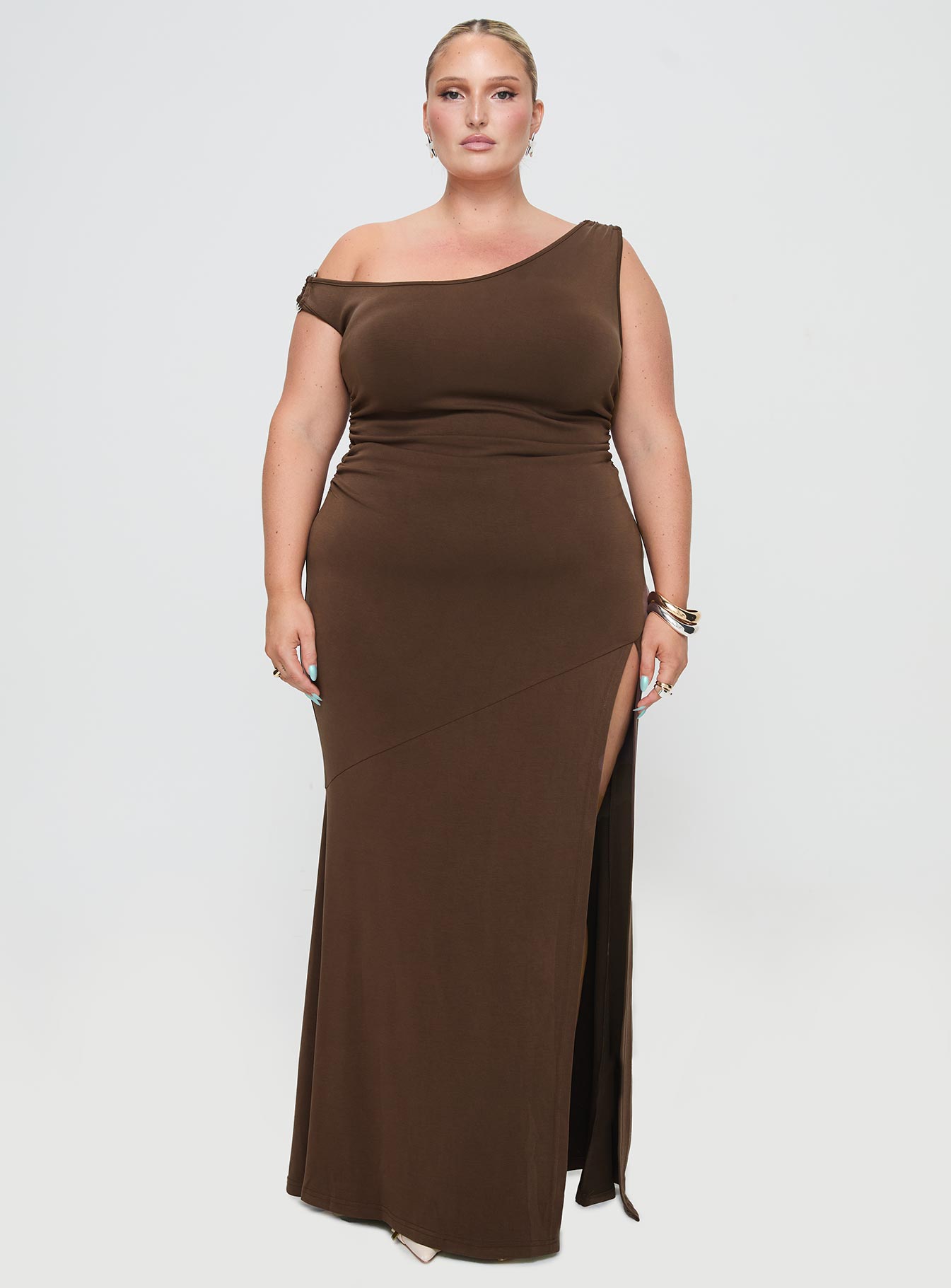 Rios One Shoulder Maxi Dress Brown Curve